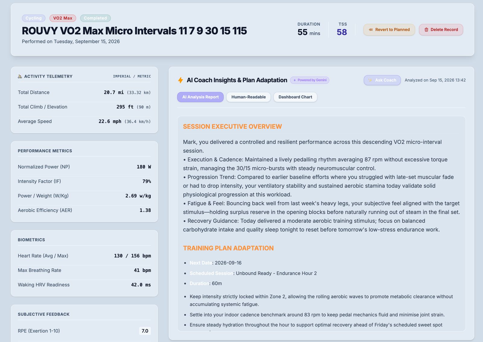 An activity detail page with AI Coach Insights and training plan adaptation